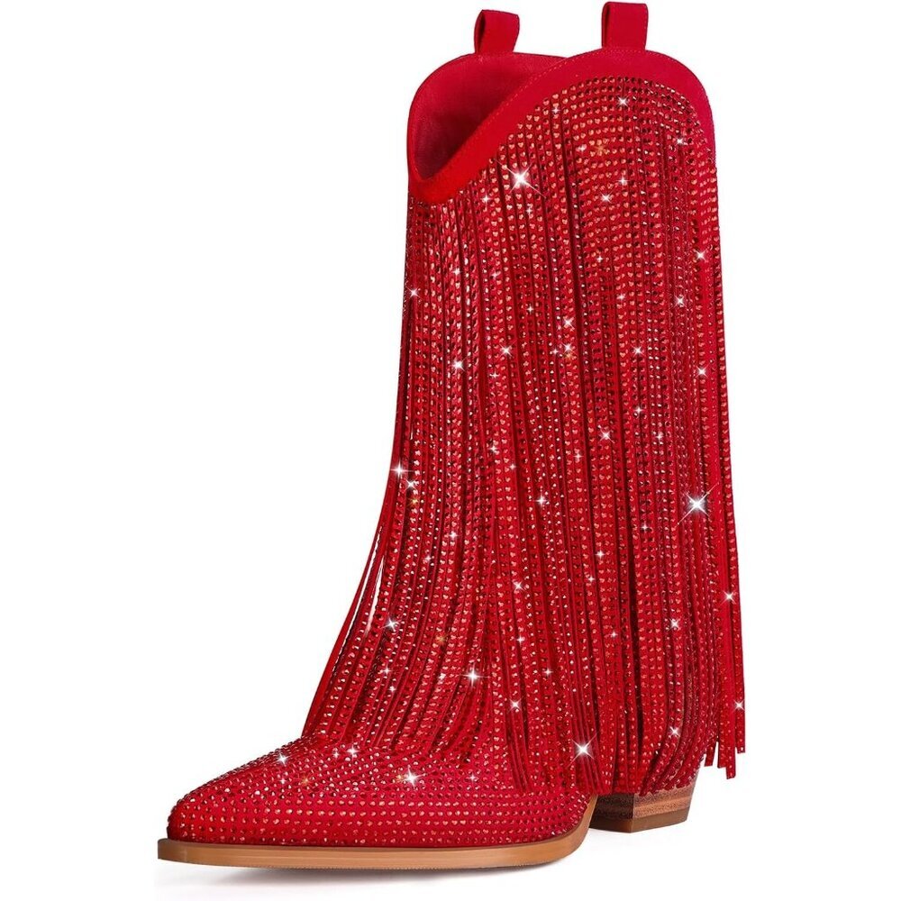 Women's Red Cowgirl Rhinestone Wide Calf Pointed Toe Chunky Stylish Heel Boot